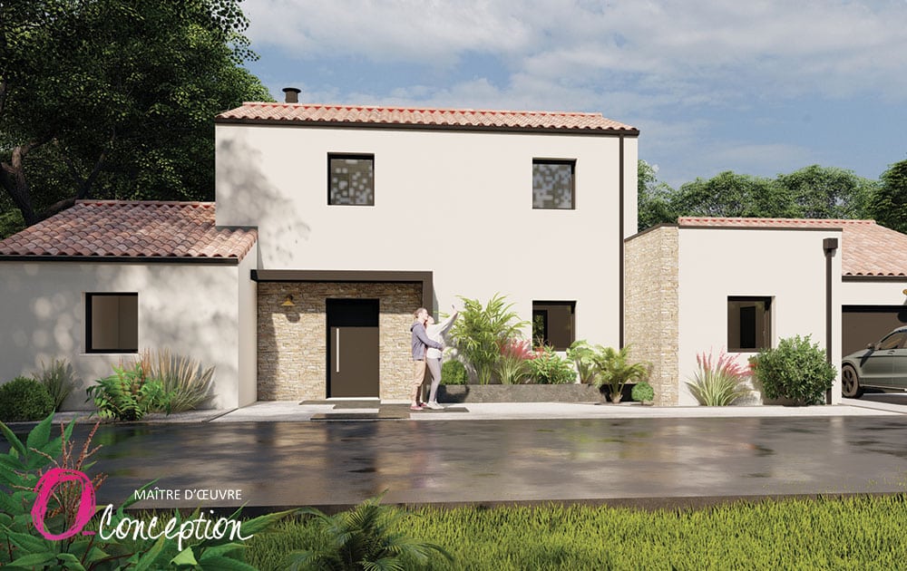 Façade de maison traditionnelle et contemporaine avec matériaux naturels en Vendée