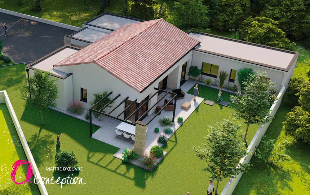 Maison moderne toit plat et toit traditionnel en Vendée par un maitre d'oeuvre O'Conception