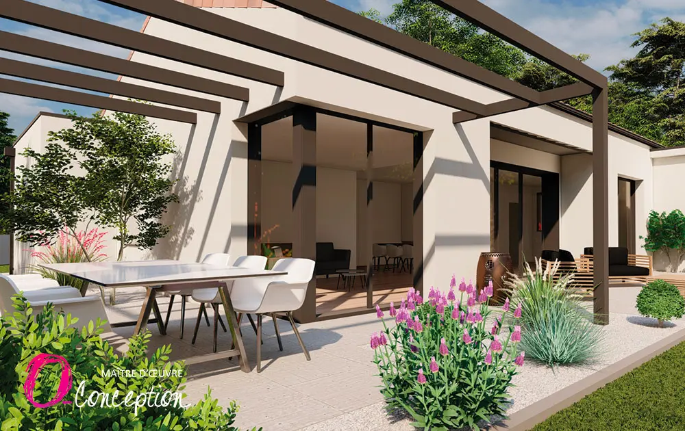 Maison moderne réalisé par un maitre d'œuvre en Vendée avec toit plat et toit traditionnel