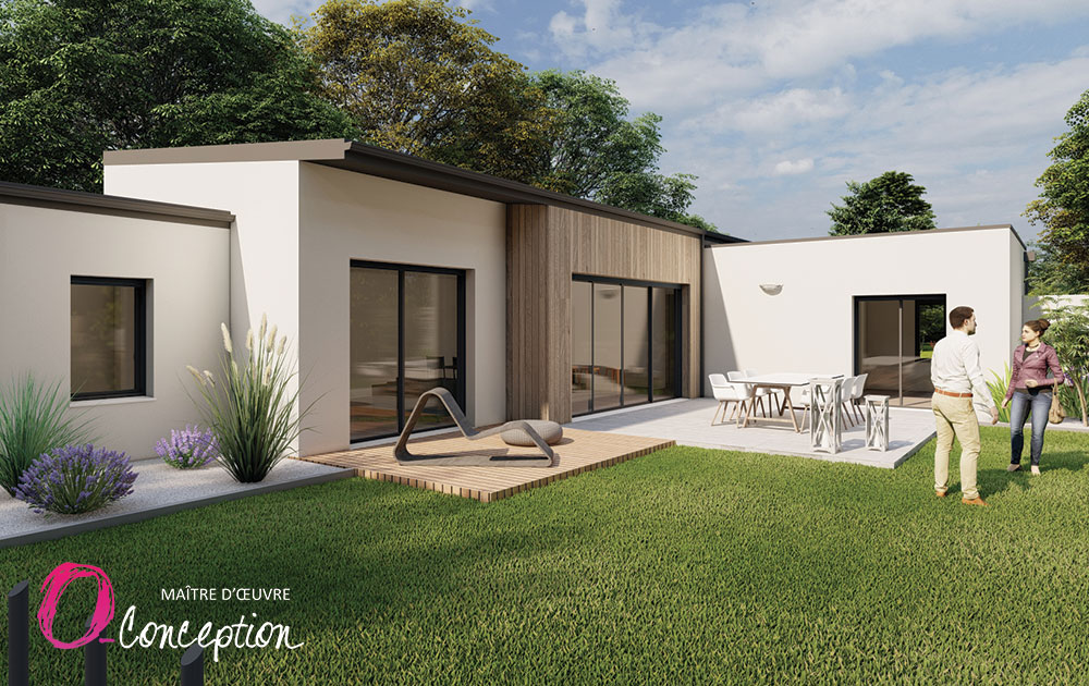 Vue côté jardin d'une maison contemporaine aux toits plats, monopentes et bipentes.