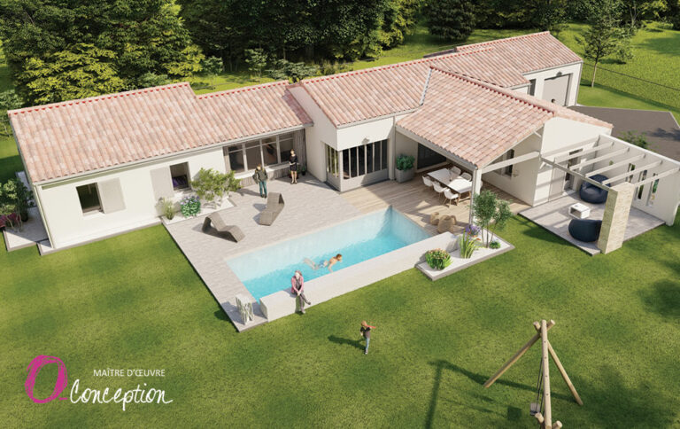 Construction d'une maison neuve traditionnelle avec volets battants. Vue aérienne