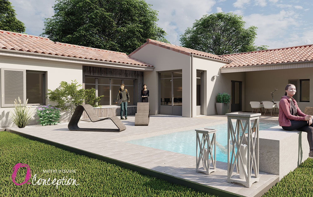 Construction d'une maison neuve traditionnelle avec volets battants. Vue côté jardin : piscine et terrasses aménagées