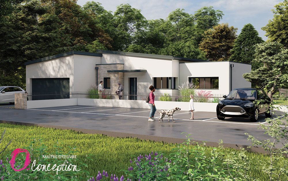 Maison contemporaine avec façade moderne avec parement pierres et casquette alu à MONTAIGU VENDEE