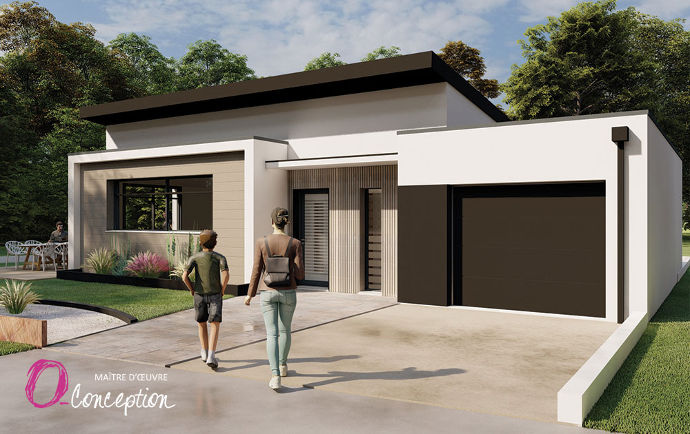 Construction de maison neuve moderne : entrée et façade avec habillages contemporains