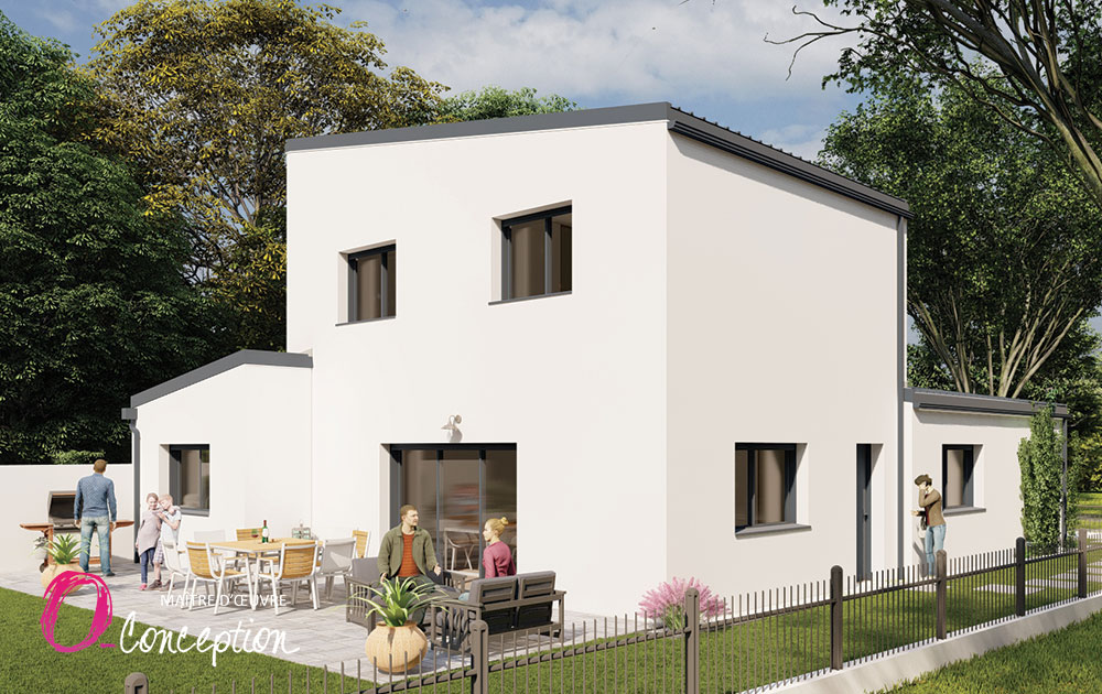 Construction maison contemporaine à étage avec toits monopentes.