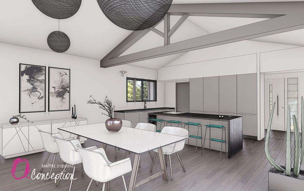 Construction d'une maison neuve traditionnelle avec volets battants. Esquisse intérieure partie cuisine aménagée et poutres apparentes