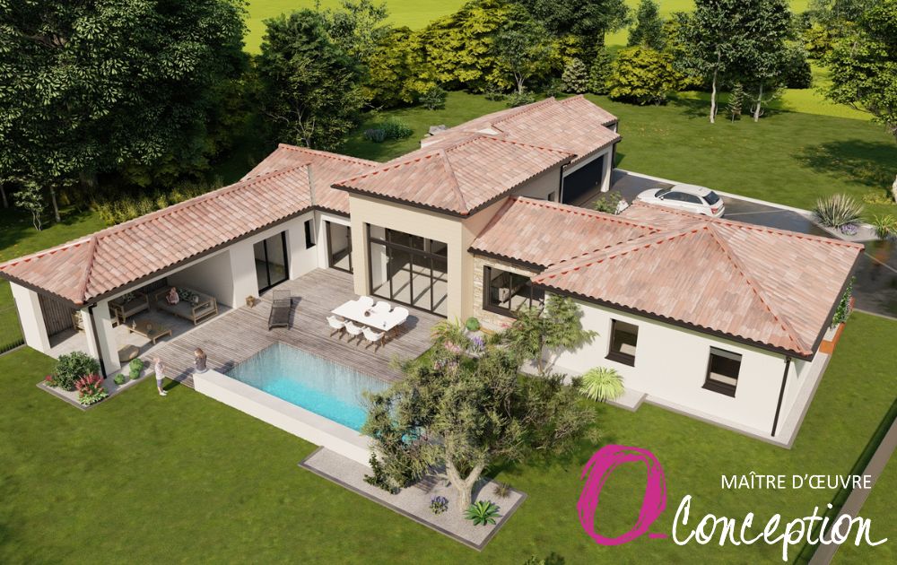 Vue aérienne d'une maison traditionnelle de plain-pieds , toits tuiles