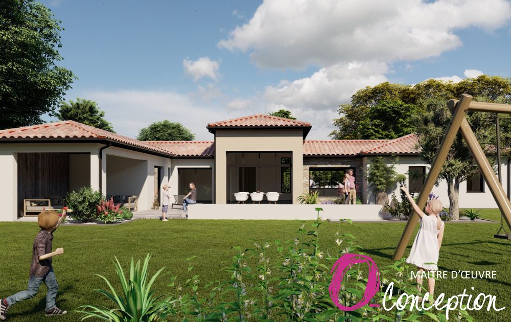 Vue du jardin : terrasse carrelée, piscine