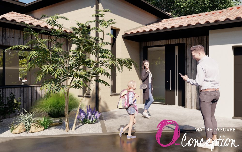 Entrée maison avec habillage aspect bois pour le côté traditionnel et ouvertures anthracites pour le côté moderne et cotemporain