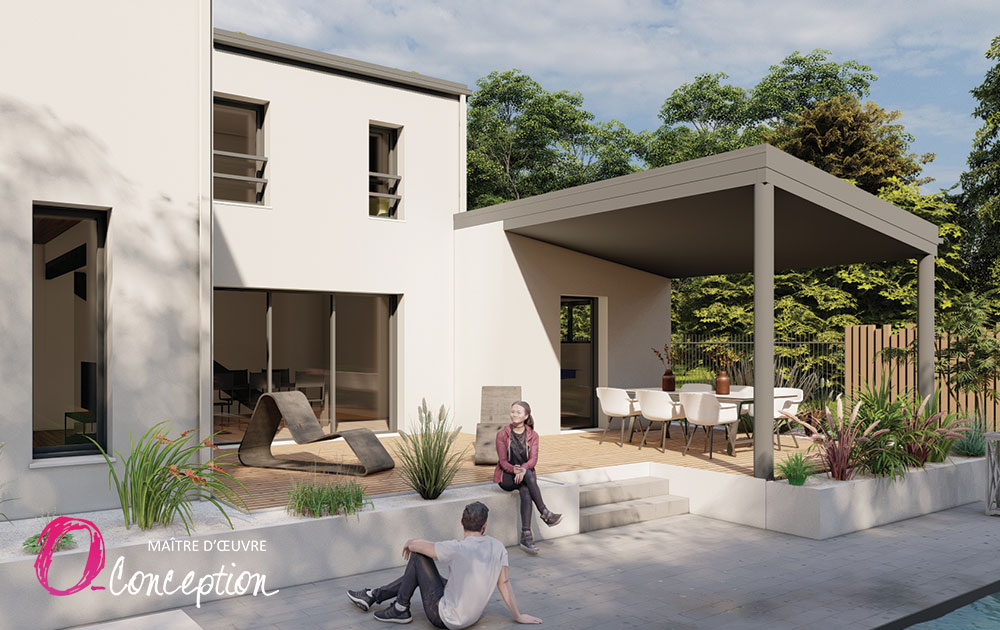 maison neuve contemporaine avec préau alu côté terrasse