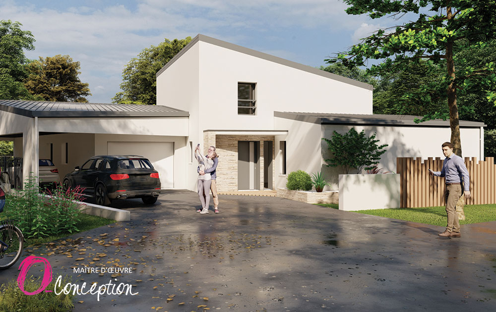 Façade maison neuve contemporaine avec casquette béton/ alu et habillage parement de pierres