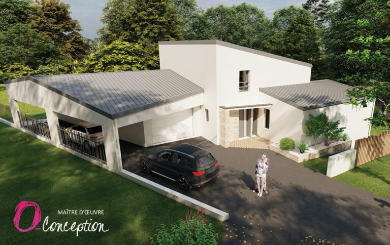 Construction maison neuve contemporaine, entrée moderne avec parement de pierre et casquette béton/alu