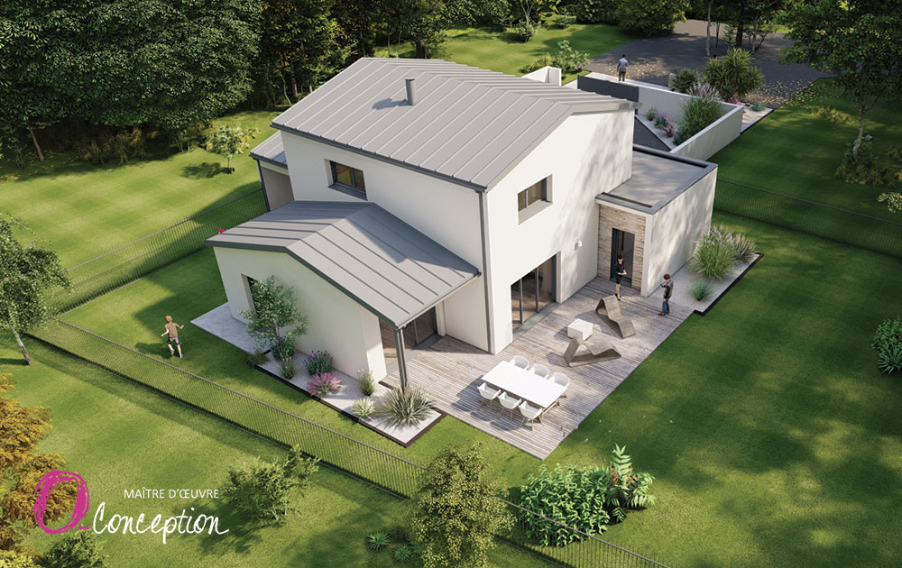 Conception sur-mesure maison contemporaine en Vendée. Alliance de matériaux : vue aérienne côté jardin