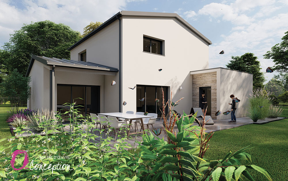 Conception sur-mesure maison contemporaine en Vendée. Alliance de matériaux : vue du jardin avec terrasse habillée carrelage aspect bois