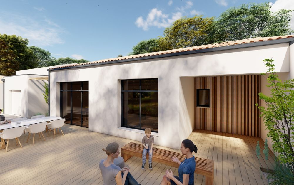Construction maison neuve avec toits plats et tuiles vendéennes, habillage façade aspect bois