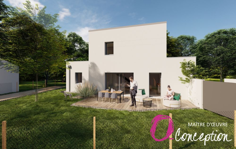 Côté jardin et aménagement extérieur : Construction neuve d'une maison à étage, style contemporain, avec un enduit blanc, des toits plats et un toit monopente, couverture couleur gris