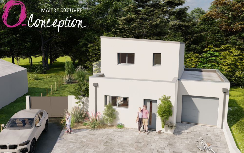 Coté façade et rue : Construction neuve d'une maison à étage, style contemporain, avec un enduit blanc, des toits plats et un toit monopente, couverture couleur gris