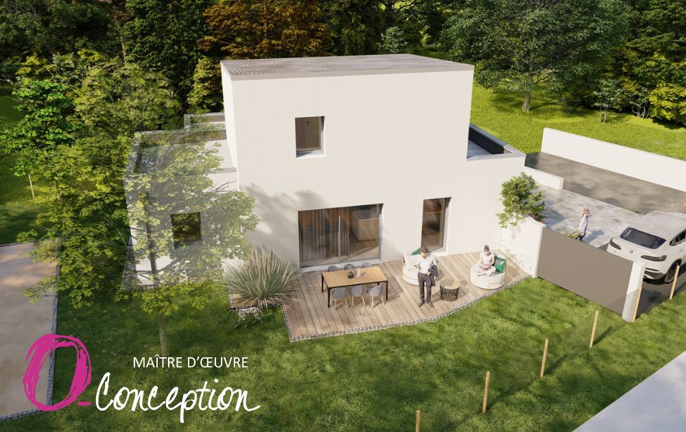 Vue aréienne côté jardin : Construction neuve d'une maison à étage, style contemporain, avec un enduit blanc, des toits plats et un toit monopente, couverture couleur gris